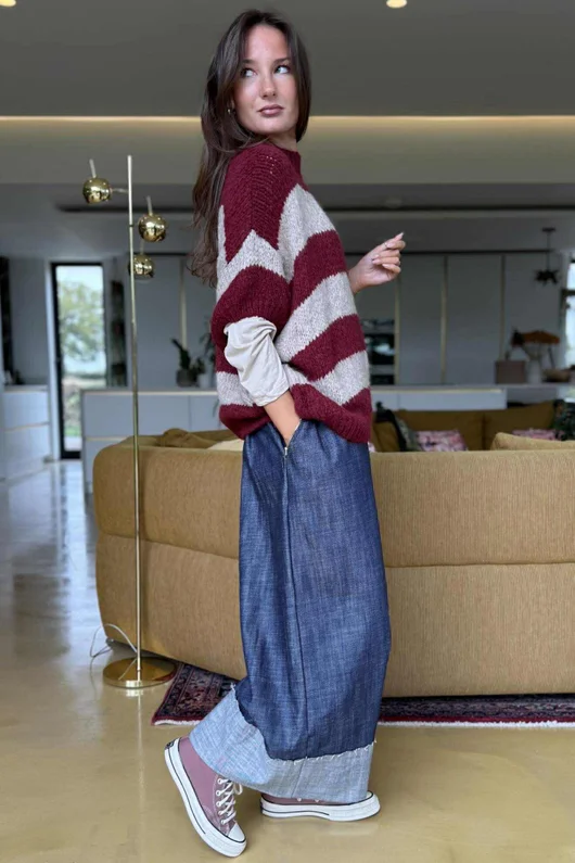  Big Softie Block Stripe Cap Sleeve Knit Top Burgundy /15=